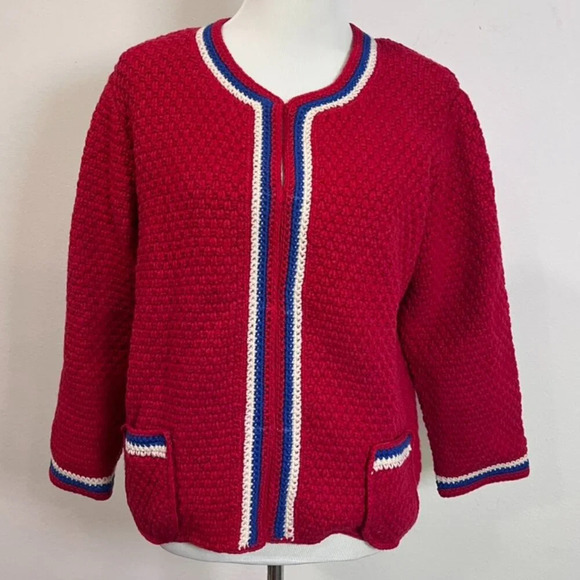 Frances Valentine Sweaters - Frances Valentine Lambswool Red Vintage Angie Boarder Lined Cardigan-Coat L